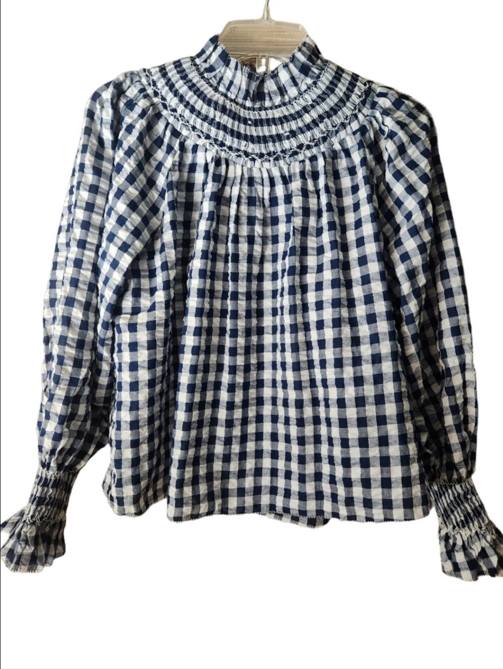 Hunter Bell Hayes Smocked High-Neck Gingham Blouse - Navy/White XSmall - Picture 3 of 12